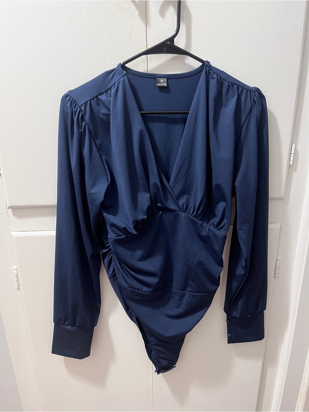Women’s Silky Navy V-Neck Long Sleeve Bodysuit